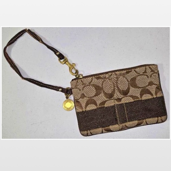 Coach Coin Purse Wristlet Womens Small Signature C Logo Brown Canvas Gold Zip - Picture 1 of 16